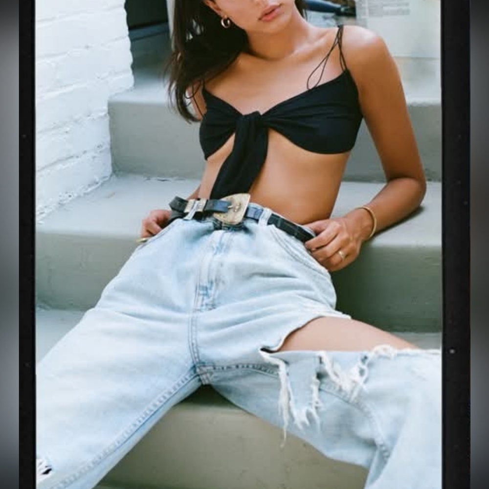 Joah Brown Front Tie Corded Crop Top /  Bra Bralette W Bow Shoulder Ties - Picture 4 of 11
